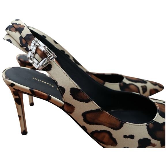 GIUSEPPE ZANOTTI Samia Embellished Leopard Print Satin Slingback Pumps Size 39 - Picture 2 of 15